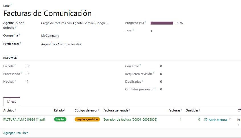 Lote de facturas creado en Odoo