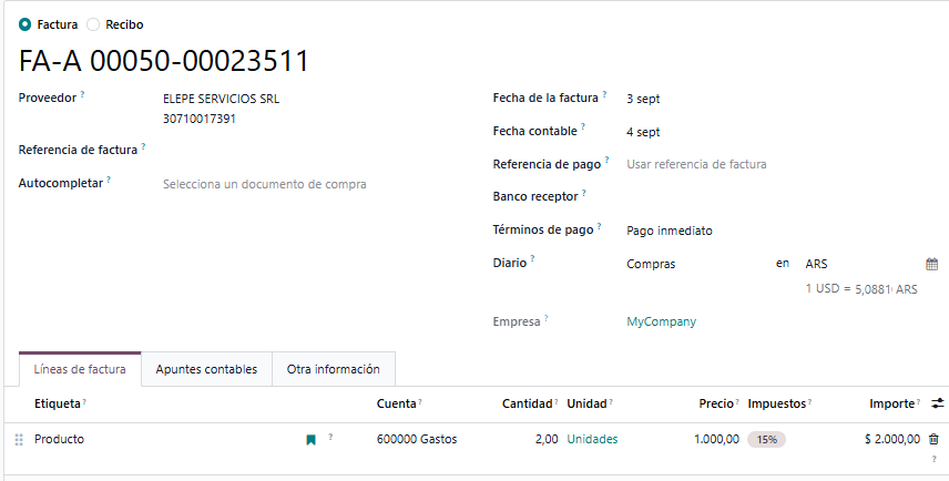 Factura de proveedor creada automáticamente en Odoo
